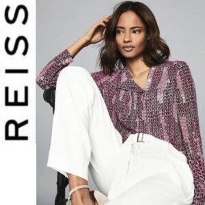 Reiss Peyton Weave Blouse Geometric Print Size 8 Berry Burgundy Pink
